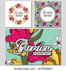 Set of card with place for text and seamless pattern with flowers. Violets and tulips. Floral poster, invite. Vector decorative greeting card or invitation design background.  