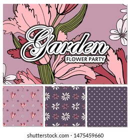 Set of card with place for text and seamless pattern with flowers. Violets and tulips. Floral poster, invite. Vector decorative greeting card or invitation design background.  