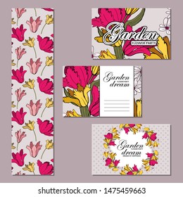 Set of card with place for text and seamless pattern with flowers. Violets and tulips. Floral poster, invite. Vector decorative greeting card or invitation design background.  
