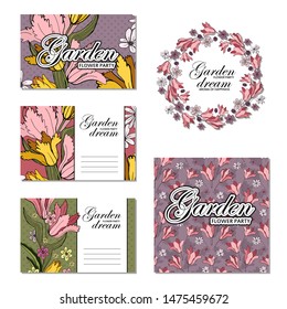 Set of card with place for text and seamless pattern with flowers. Violets and tulips. Floral poster, invite. Vector decorative greeting card or invitation design background.  