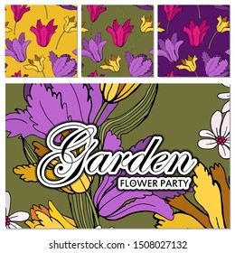 Set of card with place for text and seamless pattern with flowers. Violets and tulips. Floral poster, invite. Vector decorative greeting card or invitation design background.  