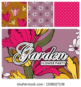 Set of card with place for text and seamless pattern with flowers. Violets and tulips. Floral poster, invite. Vector decorative greeting card or invitation design background.  