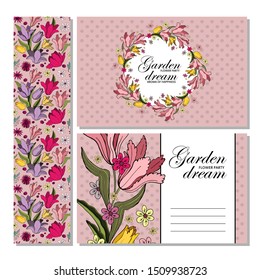 Set of card with place for text and seamless pattern with flowers. Violets and tulips. Floral poster, invite. Vector decorative greeting card or invitation design background.  