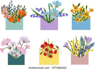 Set card with a postal envelope and a bouquet of flowers. Vector card for invitations, congratulations, logos and icons. White background.