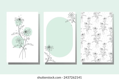 Set of card, postcard templates with botanic design and geometric shape. Abstract stylized wildflowers, pastel green geometric shapes, floral pattern. Romantic vector illustration in minimalist style.