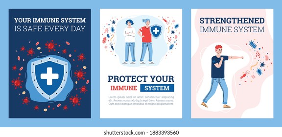 Set of card or posters of immune system defence concept with cartoon characters, flat vector illustration. Strengthening of immune system and resistance to virus.