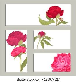 Set of card with red and pink peonies
