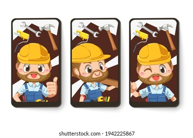 Set card of Repairman and equipment in his repairs in cartoon character, isolated flat vector illustration design 