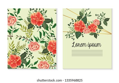set card with roses plants with leaves