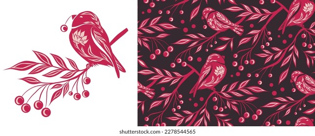 Conjunto de cartas y decoración sin fisuras con pájaros y bayas de rowan sobre ramas. Colección de ilustración y textura de tracería con aletas en los arbustos. Antecedentes del arte folclórico 