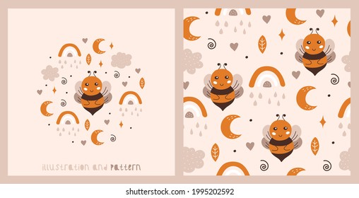 A set of card and seamless pattern with a cute bee. Rainbow, moon, clouds and stars. Great for kids apparel, nursery decoration. Vector Illustration