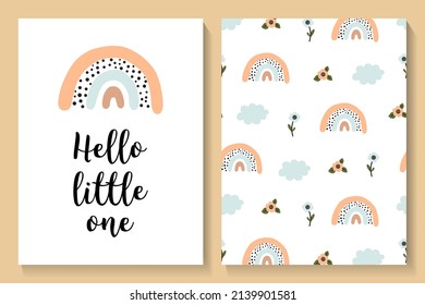 Set of card and seamless pattern with cute flowers and hearts. Vector illustrations