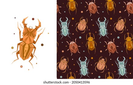 Set of card and seamless pattern with geometric insects and polka dot on brown background. Vector stylish texture and poster with stag beetle, bugs, flying ant, ladybug in retro colors.