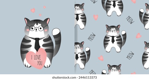 Set of card and seamless pattern with grey striped cat on grey-green background. Vector illustration for children, fabric.