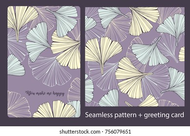 Set of card and seamless pattern with hand drawn leafs ginkgo biloba.