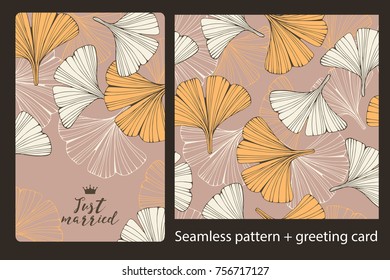 Set of card and seamless pattern with hand drawn leafs ginkgo biloba.