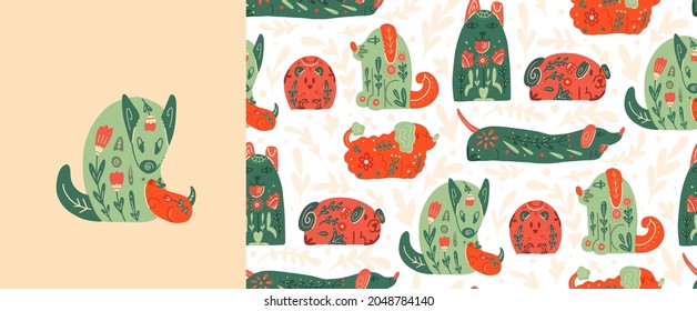 Set of card and seamless pattern with stylized dogs with folk patterns and natural decorations. Vector animalistic poster and texture with various puppy with tribal boho pattern.