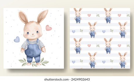 Set of card and seamless pattern with watercolor rabbit and hearts. Springtime template. Cute childish print. 