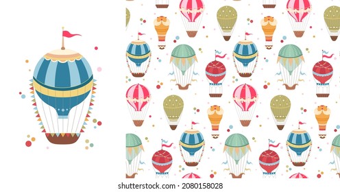 Set of card and seamless pattern witn vintage hot air balloons with ribbons, flags and confetti dots. Postcard and wallpaper with retro air transport. Vector festive flat texture with cartoon balloons