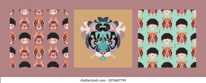 Set of card and seamless patterns with boy, bunny and tiger faces. Vector illustration