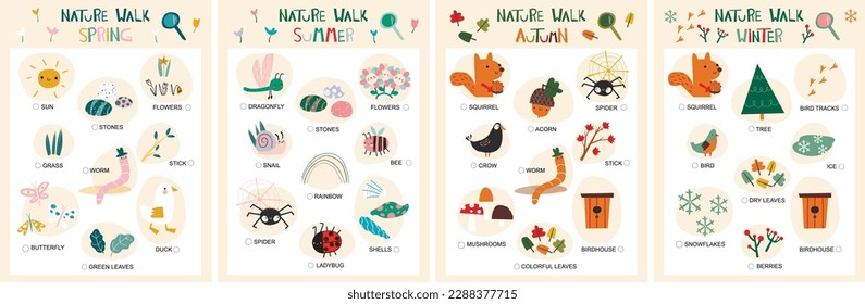 Set of Card Search for Forest Items and Animals for Children. Seasons. Matching children educational game. Activity for pre sсhool years kids and toddlers.