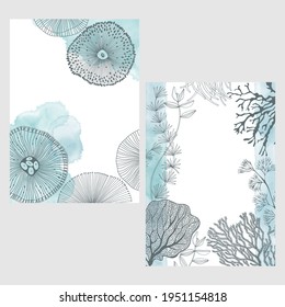 Set of card with seaweed , watercolor spots and place for text . Sea ornament concept. Poster, invite. Vector layout decorative greeting card or invitation design background. Two different options.