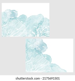 Set of card with seaweed , watercolor spots and place for text . Sea ornament concept. Poster, invite. Vector layout decorative greeting card or invitation design background. Two different options.