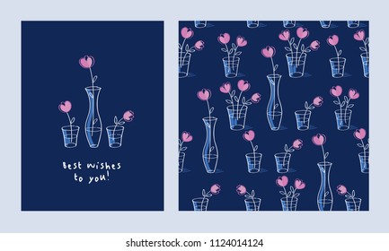 Set of card and simple floral seamless pattern with pink flowers for textile, wallpapers, gift wrap and scrapbook.  Vector illustration.