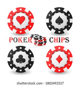 Set of card suited casino chips. Vector illustration. Isolated on white background.