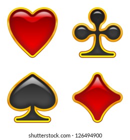 Set of card suits, glass buttons with golden frames of red and black color for web design. Vector eps10, contains transparencies