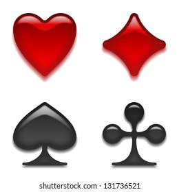 Set of card suits, glass buttons with shadows of red and black color for web design. Vector eps10, contains transparencies