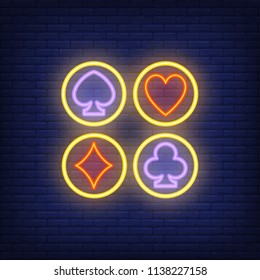 Set of card suits neon sign. Diamond, club, heart, spade. Night bright advertisement. Vector illustration in neon style for gambling, casino and poker club