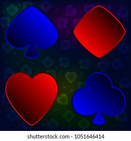 A set of card suits for poker. Bulky objects on a colorful background for the design of poker rooms in online.
