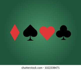 set of card suits in red and black on a green gradient white background