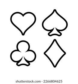 Eine Reihe von Kartenanzügen. Ein Symbol für ein Deck von Spielkarten oder Glücksspielen (Poker, Bridge). Vier Kartenanzüge: Pik, Herz, Diamanten und Clubs.