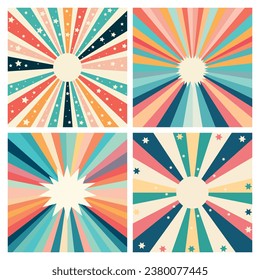 Set of card with sun and stars retro vintage style and groovy pastel colors. Design elements, cover, elegant, trendy. For card prints web banner social media.