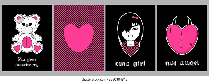 Set of card with Teddy Bear, Heart, Emo Girl. Banner, poster in y2k, 90s, 00s and 2000s style. Emo Goth flyer in black white pink colors. Vector illustration