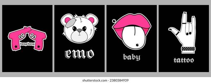 Set of card with Teddy Bear, Lips, Guns, Hand. Banner, poster in y2k, 90s, 00s and 2000s style. Emo Goth flyer in black white pink colors. Vector illustration