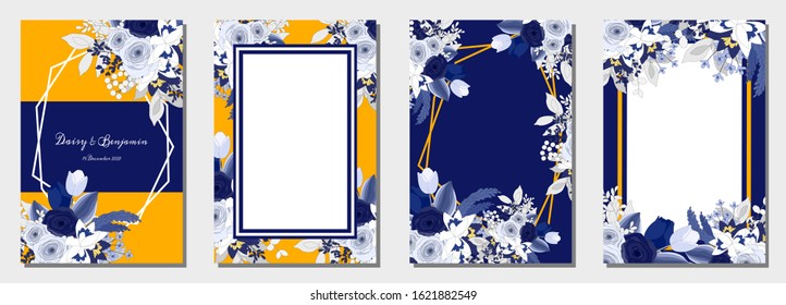 Set of card template with bouquet of blue flowers and place for your text