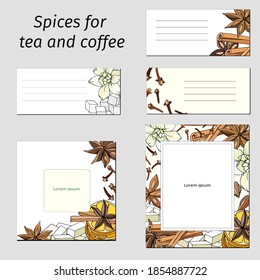 Set of card template with cinnamon, anise, vanilla and cloves. Vector illustration of tea and coffee spices for tags, flyers, brochures, banners and thank you card