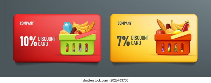 Set of card template for grocery store loyalty program with full basket of food and drinks from supermarket