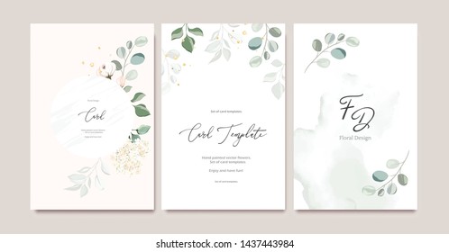 Set of card template with herbs, leaves.  Floral poster, invite. Vector decorative greeting card or wedding invite, design background with watercolor