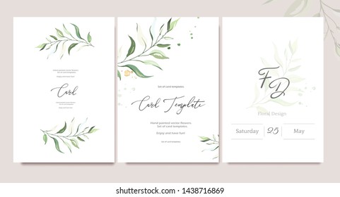 Set of card template with herbs, leaves.  Floral poster, invite. Vector decorative greeting card or invitation design background with watercolor