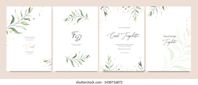 Set Of Card Template With Herbs, Leaves.  Floral Poster, Invite. Vector Decorative Greeting Card Or Invitation Design Background With Watercolor