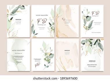 Set Of Card Template With Herbs, Leaves.  Wedding Invite. Vector Decorative Greeting Card Or Invitation Design Background With Watercolor And Gold