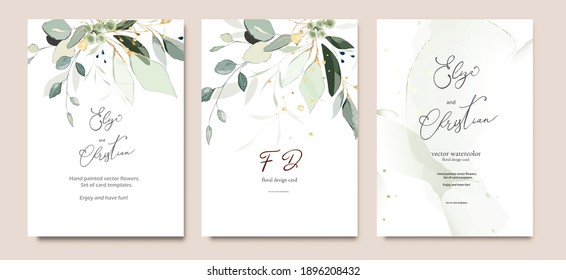 Juego de plantillas de tarjeta con hierbas, hojas.  Invitación a la boda. Tarjeta de bienvenida decorativa vectorial o fondo de diseño de invitación con acuarela y oro