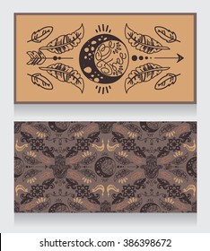 set of card template and seamless pattern in tribal style, vector illustration 