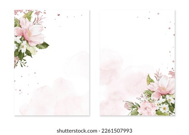 Set of card template with watercolor colorful roses bouquet on stains, Wedding invite. Vector decorative Valentine's Day, greeting card, invitation design background, or social media post.