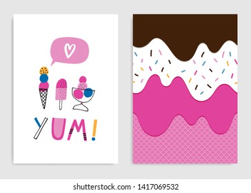 Set of card templated with cute ice cream: Yum! For birthday, anniversary, party invitations, apparel.  Kids fashion graphic. Vector hand drawn illustration. Pink, yellow, blue.