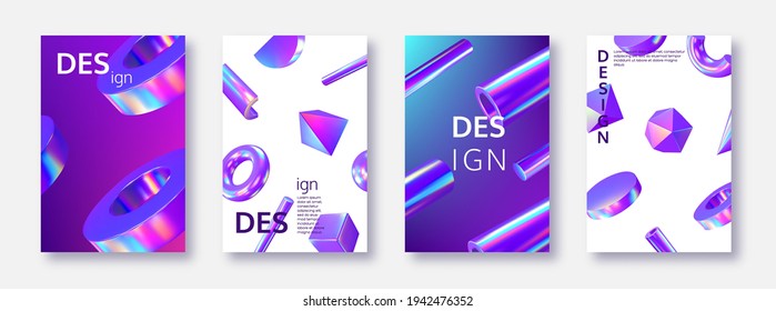 Set of card templates with 3d rendered primitive shapes Realistic 3d sphere, torus, cone, cube, tube. Glossy holographic geometric shapes. Iridescent trendy design, thin film effect. Vector cover design.